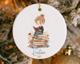 Personalized Book Lover Ornament, Bookstack Christmas Decor, Ceramic Custom Name, Little Girl Reading Smart Student Reader, 2025 Book Club