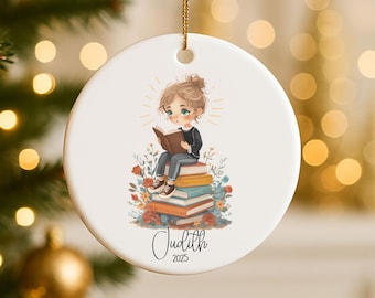 Personalized Book Lover Ornament, Bookstack Christmas Decor, Ceramic Custom Name, Little Girl Reading Smart Student Reader, 2025 Book Club
