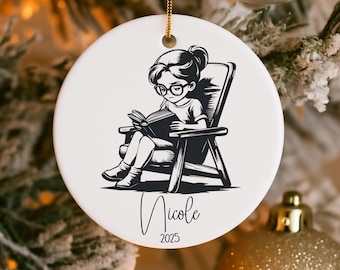 Personalized Book Lover Ornament, Bookstack Christmas Decor, Ceramic Custom Name, Little Girl Reading Smart Student Reader, 2025 Book Club