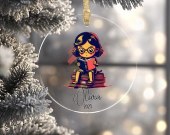 Personalized Book Lover Acrylic Ornament, Bookstack Christmas Gift, Custom Name Gift for Her, Little Girl Reading Smart Student Reader