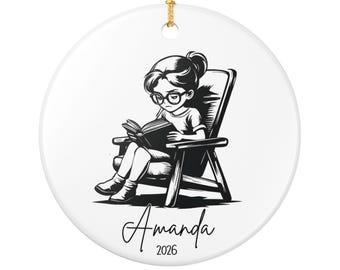 Personalized Book Lover Ornament, Bookstack Christmas Decor, Ceramic Custom Name, Little Girl Reading Smart Student Reader, 2026 Book Club