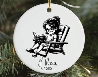 Personalized Book Lover Ornament, Bookstack Christmas Decor, Ceramic Custom Name, Little Girl Reading Smart Student Reader, 2025 Book Club