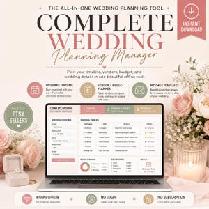 Complete Wedding Planning Manager | Digital Wedding Planner HTML Tool | Timeline, Budget, Vendor Checklist & Message Templates