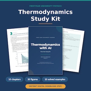 Puede incluir: Un kit de estudio de termodinámica en descarga digital con una portada azul oscuro titulada Thermodynamics with AI por Annous Abdersamad, flanqueada por dos páginas blancas que muestran capítulos, gráficos y ejemplos resueltos.