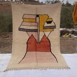 Handmade Moroccan Wool Rug | Abstract Berber Art with Earthy Tones | Beige, Pink, Yellow Accents | Unique Boho Area Carpet