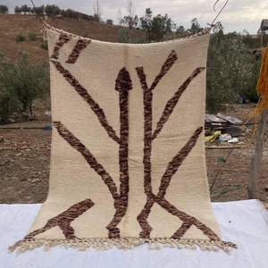 Custom Moroccan Wool Rug | Handwoven Berber Carpet in Natural Beige with Brown Branch Design | Moroccan Decor Rug, Custom Size Options