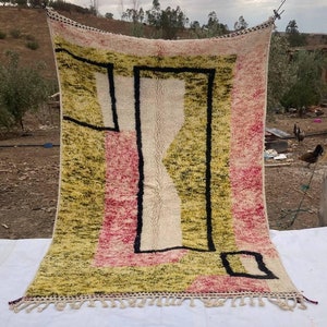Handmade Moroccan Beni Ourain Rug | Yellow & Pink Geometric Wool Carpet | Modern Berber Art for Boho Decor | Custom Sizes Available