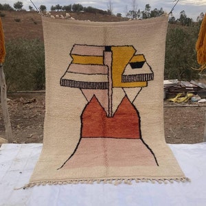 Handmade Moroccan Wool Rug | Abstract Berber Art with Earthy Tones | Beige, Pink, Yellow Accents | Unique Boho Area Carpet