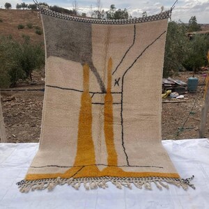 Handwoven Moroccan Wool Rug | Abstract Yellow & Grey Berber Design | Modern Neutral Area Carpet | Boho Chic Home Decor