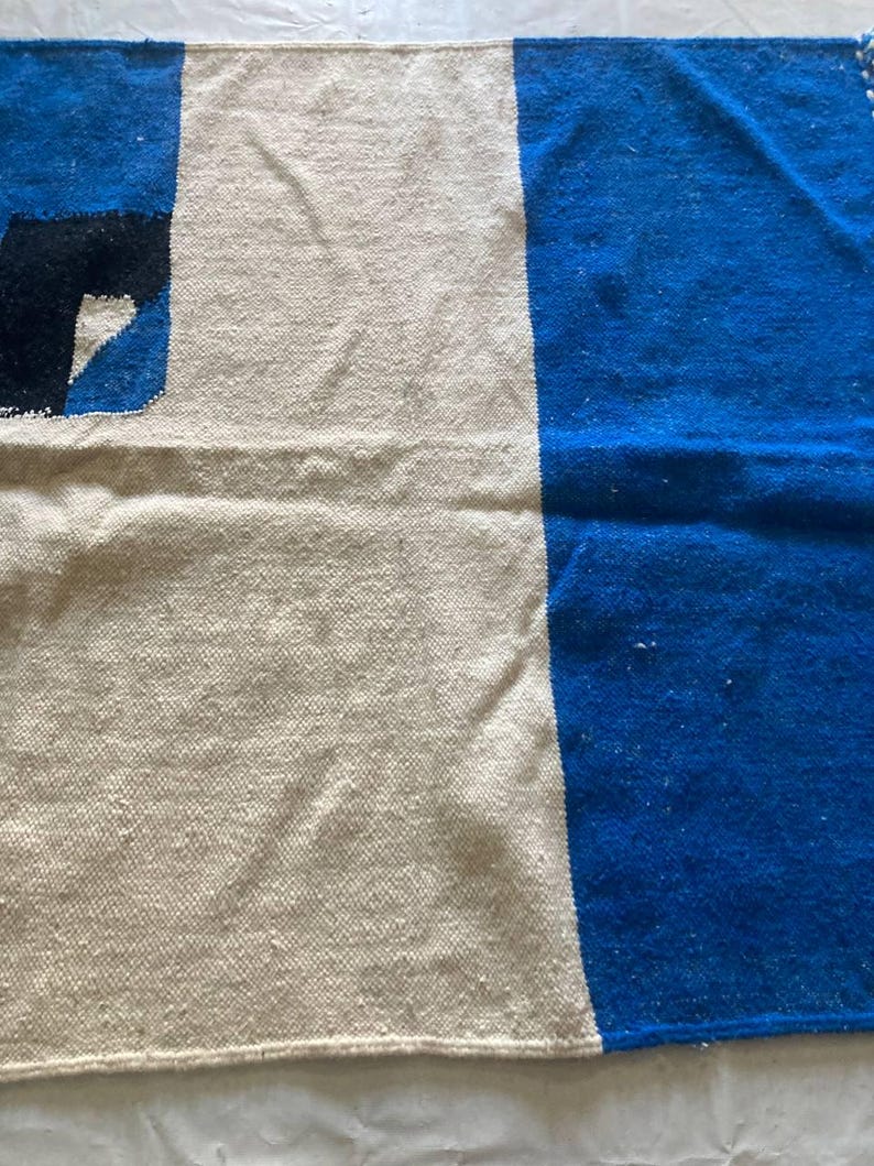 Peut inclure: Un tapis tiss&eacute; avec un motif blanc et bleu. Le tapis est fait de fibres naturelles et a une surface douce et textur&eacute;e.