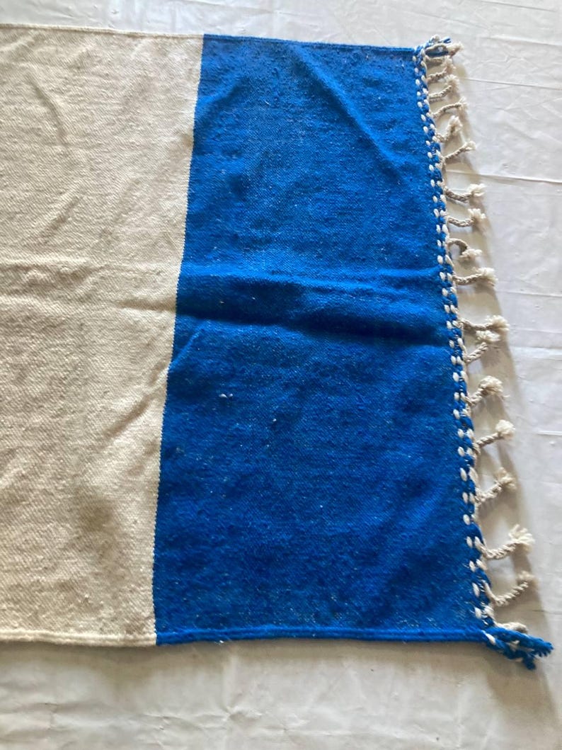 Peut inclure: Un tapis tiss&eacute; blanc et bleu avec des franges sur les bords. Le tapis est fait d'un mat&eacute;riau doux et textur&eacute;.