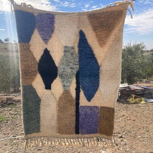 Moroccan Handmade Wool Rug - Abstract Geometric Berber Carpet, Blue and Earthy Tones, Custom Azilal Rug for Boho or Modern Decor