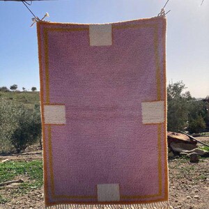 Pink Moroccan Wool Rug - Handwoven Berber Carpet with Yellow Borders - Geometric Minimalist Area Rug - Custom Boho Chic Rug