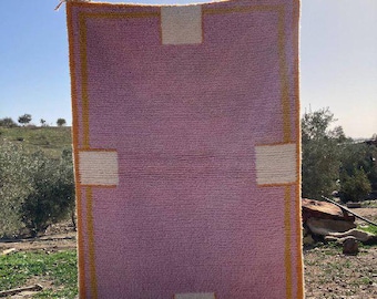 Handwoven Pink Moroccan Wool Rug: Berber Boho Chic Carpet