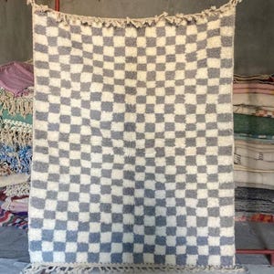 Moroccan Wool Checkered Rug - Handmade Gray and White Berber Carpet - Soft Checkerboard Area Rug - Modern Boho Living Room Decor