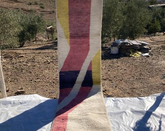 Handwoven Moroccan Wool Runner Rug: Pink, Yellow Abstract Design