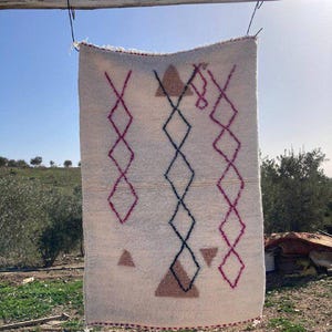 Handmade Moroccan Beni Ourain Rug - Geometric Pink and Brown Berber Carpet - Minimalist Boho Wool Rug - Custom Area Rug