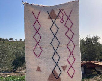 Handmade Beni Ourain Wool Rug: Geometric Berber Carpet, Pink & Brown