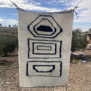 Handgefertigter Marokkanischer Wollteppich - Berber Berber Teppich Geometrischer Schwarz-Weißer Teppich, Benutzerdefinierte Größe Moderner Boho Bereich Teppich für Wohnzimmer oder Schlafzimmer