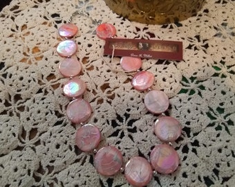 Vintage Pink Shell and Silver-tone bead Necklace, Round Pink Shell, Statement Necklace