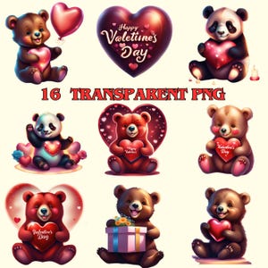 Precioso osito de peluche y panda bebé feliz: conjunto de imágenes prediseñadas digitales para el día de San Valentín / 16 PNG de alta calidad 300 DPI / fondo transparente
