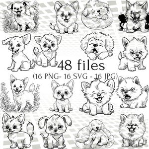 Pacchetto SVG PNG Baby Dog / 48 file di alta qualità / Disegni di cani allegri, arrabbiati, aggressivi e assonnati / Perfetti per abbigliamento, artigianato, adesivi e altro ancora