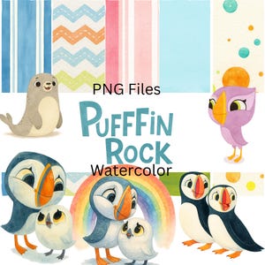 May include: Watercolor illustration featuring a collection of adorable puffins, a seal, and colorful backgrounds. The text "PNG Files" and "Puffin Rock Watercolor" are displayed. The image has a whimsical and playful style.