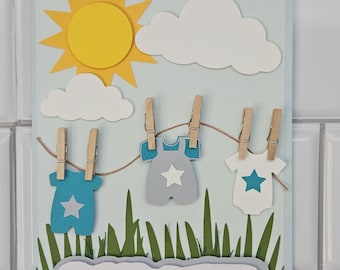 Handmade 3D Baby Clothes Card with Wooden Hook & Congratulations in Cloud – Baby Shower Card – Unique New Baby Greeting – Handmade Baby Card