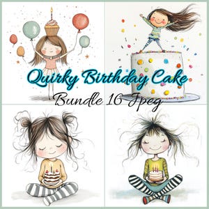 Quirky Birthday Cake Clip Art 16 High Res Watercolor JPGs Junk Journaling, Scrapbooking, Card Making, Digital Download, Fantasy, Whimsical