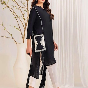 Womens 100% Pure Cotton Kurta Set - Black Ethnic Kurta With trousers & Dupatta - Indian Dress For Women - Salwar Kameez Set