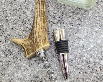Natural Antler and Chrome Wine Bottle Stopper with Hidden Corkscrew