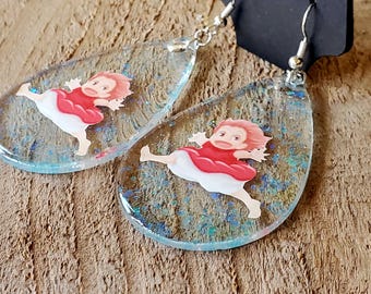 Orignial Illustration Print Ponyo/Ghibli-Inspired Ponyo In A Water Droplet Acrylic Glitter Dangle Earrings