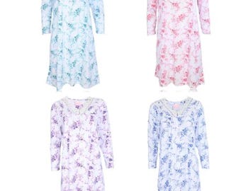 4 Pack Assorted Color Pretty Woman 100% Cotton Woman Long Sleeve Nightgowns Sleepwear Soft Pajama Dress Nightshirts for Women