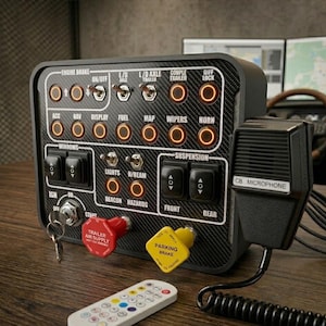 May include: A black control panel with multiple switches, buttons, and indicator lights. The panel includes labels such as "Engine Brake," "Lights," and "Suspension." A CB microphone is attached. A red and yellow valve are also visible, along with a remote control.