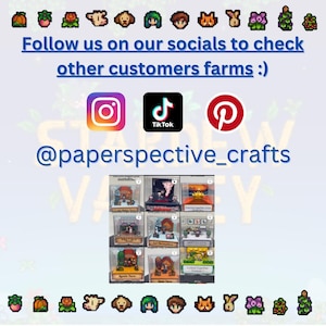 May include: Image promoting @paperspective_crafts on social media. Features Instagram, TikTok, and Pinterest logos, with the text "Follow us on our socials to check other customers farms :)". Displays miniature craft scenes.