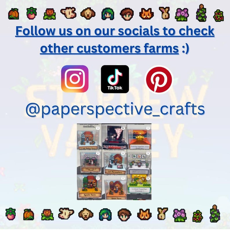 May include: Image promoting @paperspective_crafts on social media. Features Instagram, TikTok, and Pinterest logos, with the text "Follow us on our socials to check other customers farms :)". Displays miniature craft scenes.
