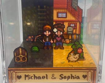 Customizable Stardew Valley farm and mines 3D cube diorama - Computer videogame -  made with love - Personalized cube Shadowbox for couples!