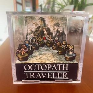 Octopath Traveler 1, Mapa świata ze wszystkimi grywalnymi postaciami, Diorama Cube 3D, Ognisko, Ręcznie robiony kryształowy Diorama Cube, Niepowtarzalny prezent dla graczy