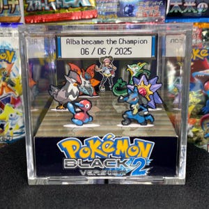 Puede incluir: Una vitrina de acrílico transparente con un diorama de personajes Pokémon del juego "Pokémon Black 2 Version". El diorama incluye figuras pixeladas de varios Pokémon y un entrenador, con el texto "Alba se convirtió en Campeón 06/06/2025".