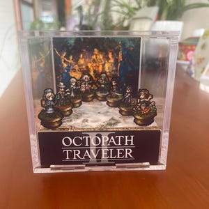 Octopath Traveler 2, Mapa świata ze wszystkimi grywalnymi postaciami, Diorama Cube 3D, Ognisko, Ręcznie robiony kryształowy Diorama Cube, Niepowtarzalny prezent dla graczy