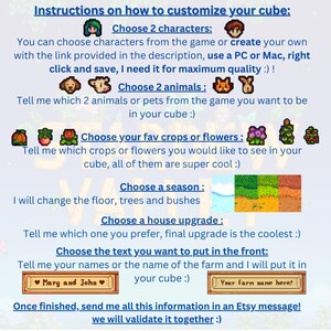 May include: Instructions on how to customize a cube, with options to choose characters, animals, crops, season, house upgrade, and text. The image includes examples of crops and text boxes for customization. The text says to send the information in an Etsy message.