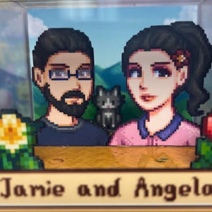 May include: A pixelated diorama featuring two figures, a man with glasses and a beard, and a woman with a flower in her hair. A cat is between them. The base reads "Jamie and Angela". The background shows a mountain scene.