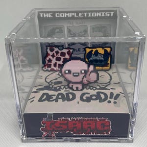 Op de afbeelding: Een transparante acryl kubus display case met een 3D-diorama van het videospel The Binding of Isaac: Rebirth. Het diorama toont een roze personage met een zwarte schedel en de tekst "Dead God!" De onderkant van de case heeft het logo van het spel.
