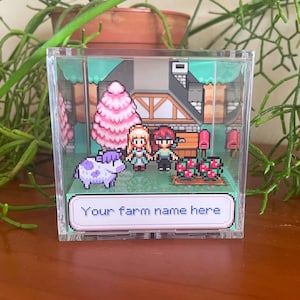 Customizable Fields of Mistria farm 3D cube diorama - Computer videogame - made with love - Personalized cube Shadowbox with lots of options