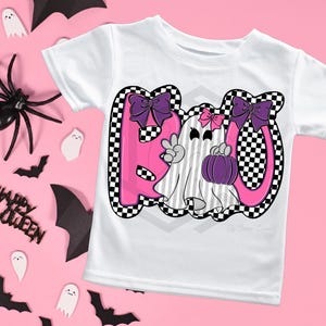 BOO Ghost Digital Download | Hand-Drawn Halloween PNG | Checkered Background | Vibrant Pink & Purple | Sublimation Design for Girls