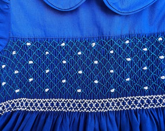 Navy Blue Solid Fabric Hand Smocked Baby Girl Dress | Toddler