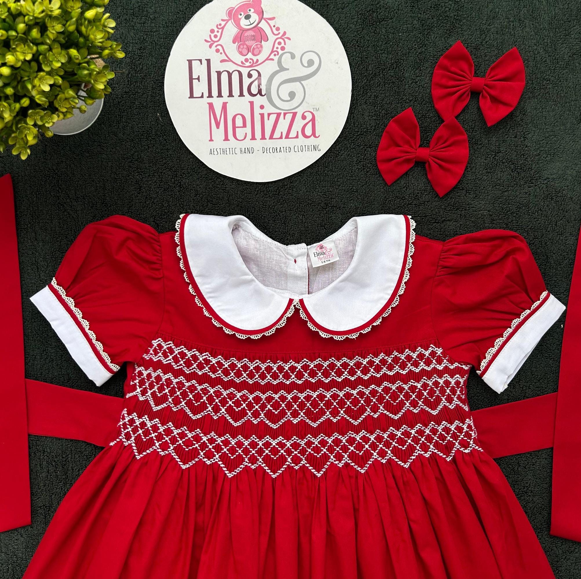 Hand-Smocked Red Baby Dress: Heirloom Quality Cotton with White Embroidery