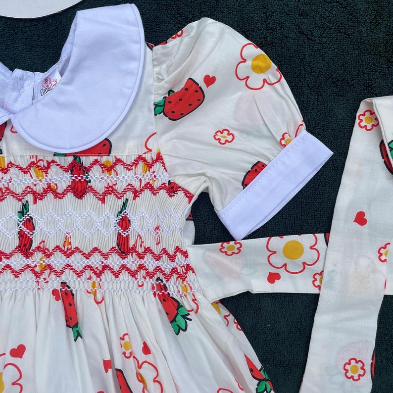 Hand Smocked Flower Embroidered Dress in Strawberry (12mths- 10yrs)