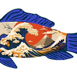 May include: A stylized fish illustration with a dark blue body and tail, featuring a Japanese wave and mountain scene within its form. The fish has an orange eye and the letters "BCDG" are visible.