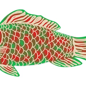 Könnte beinhalten: Eine stilisierte Illustration eines Fisches in Grün und Rot mit Schuppen. Der Fisch hat eine große Schwanzflosse und einen kleinen Mund.